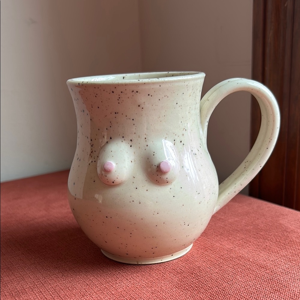 Cream and Pink Handcrafted Ceramic Mug with Rustic Charm - Picture 6 of 11